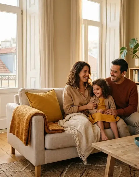 Família na sala de casa