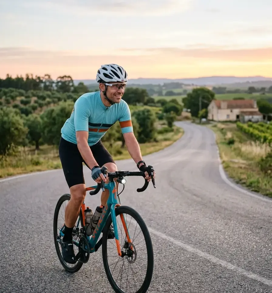 Ciclista a sorrir numa estrada do campo ao fim da tarde