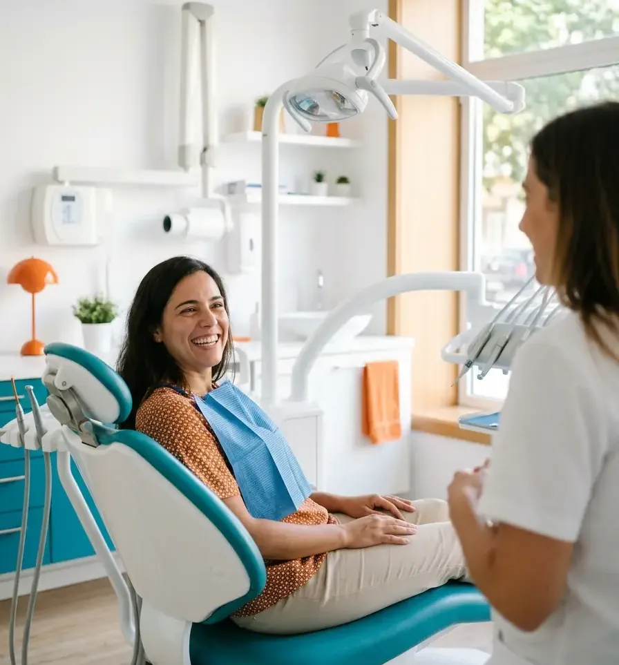 Paciente a sorrir na cadeira do dentista, a conversar com a médica