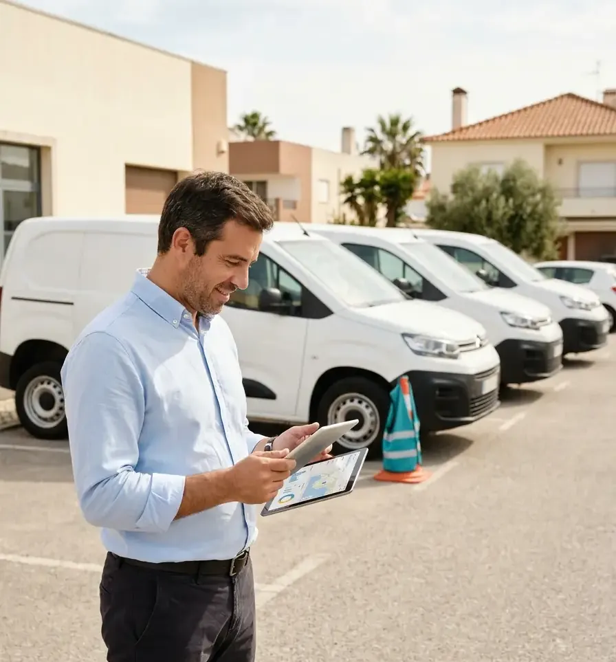 Gestor a consultar o tablet junto à frota de carrinhas da empresa