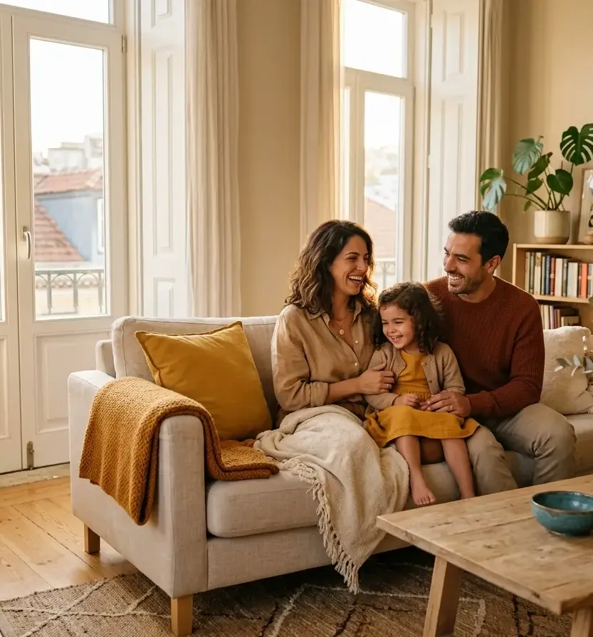 Família na sala de casa