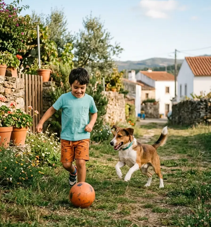 Menino a jogar à bola com o cão numa rua de aldeia