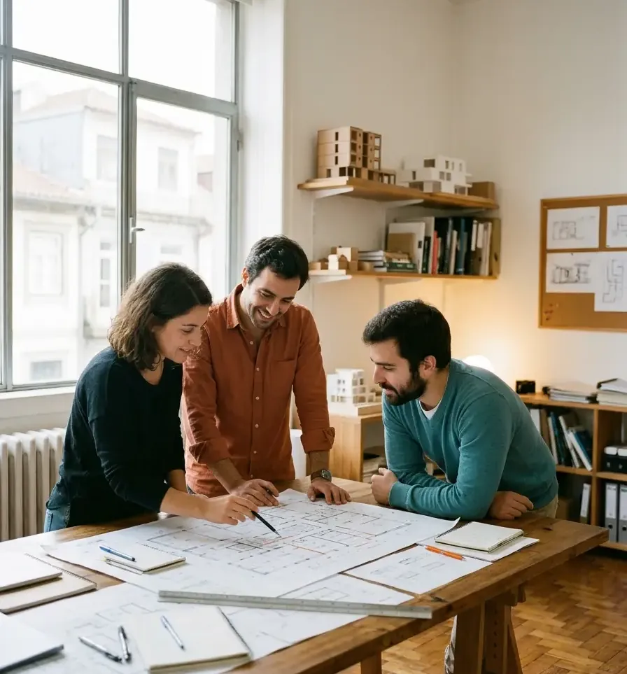 Equipa de arquitetos a rever plantas à mesa do atelier