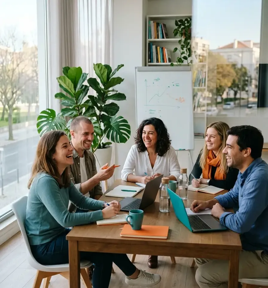 Equipa reunida à mesa do escritório, a rir