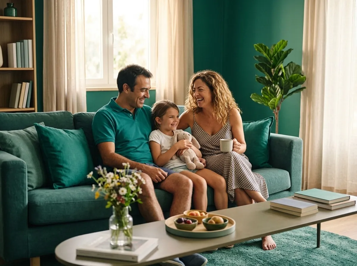 Família no sofá da sala, a rir